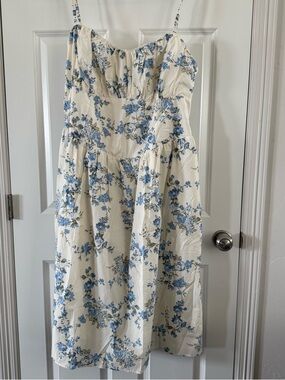 100% Cotton Cream Midi Dress with Blue Floral Print